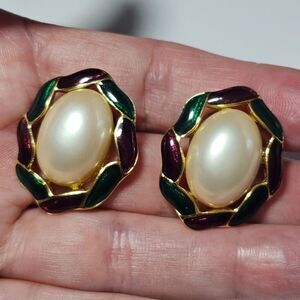 Trifari gold tone faux pearl earrings